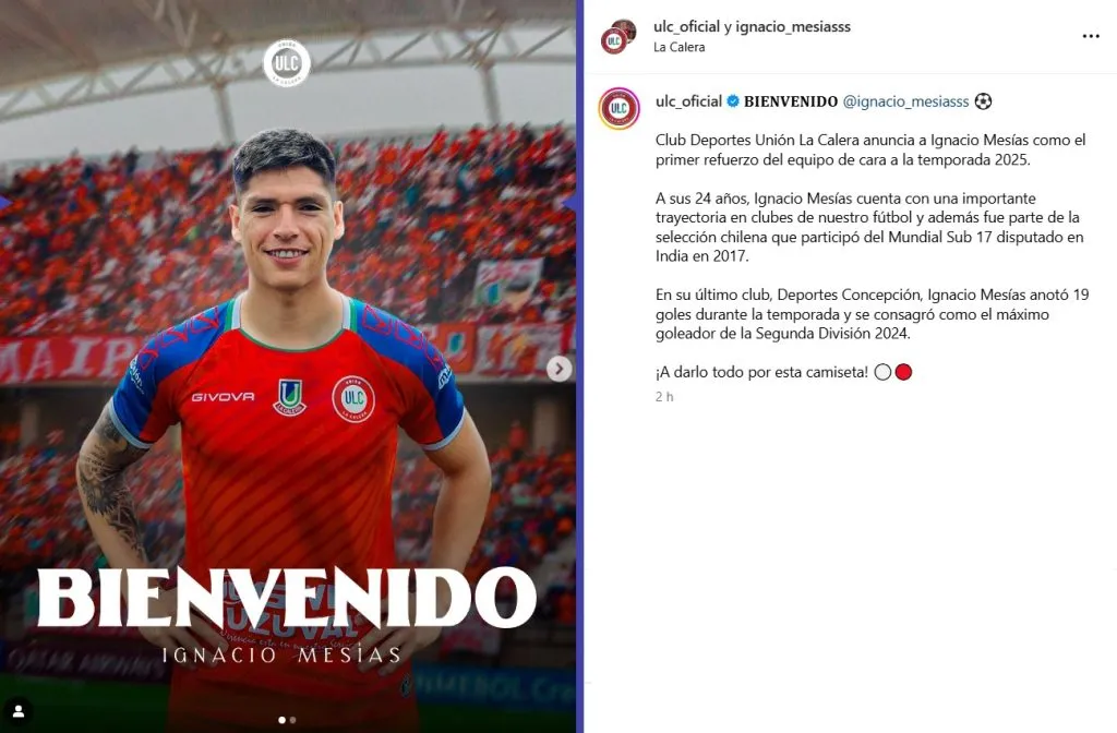 Ignacio Mesías es nuevo refuerzo de Unión La Calera. (Foto: Unión La Calera)