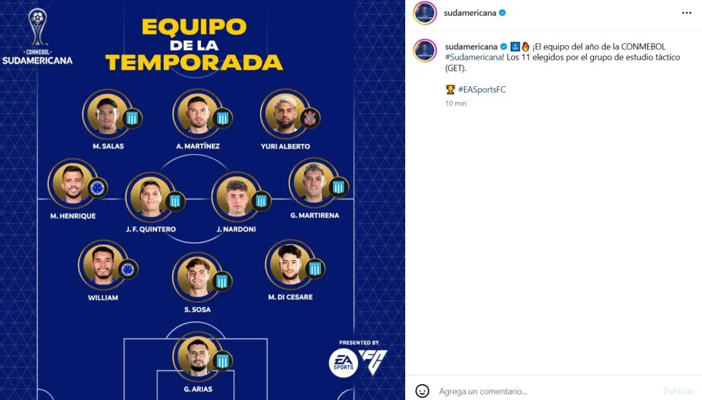 Gabriel Arias está en el equipo ideal de la Copa Sudamericana. (Foto: Sudamericana, Instagram)