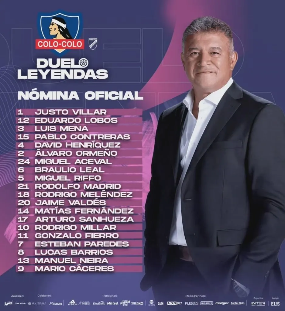 La nómina completa de Colo Colo para el duelo de leyendas ante River Plate. (Foto: Duelo de Leyendas)