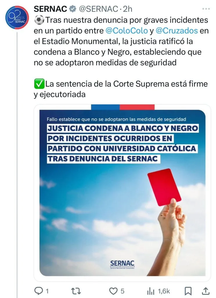 Publicación del Sernac en X sobre la multa a Colo Colo.