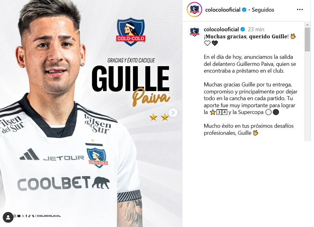 Colo Colo confirma la salida de Guillermo Paiva.