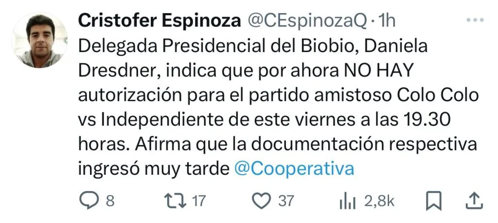 Publicación en X del periodista Cristofer Espinoza.