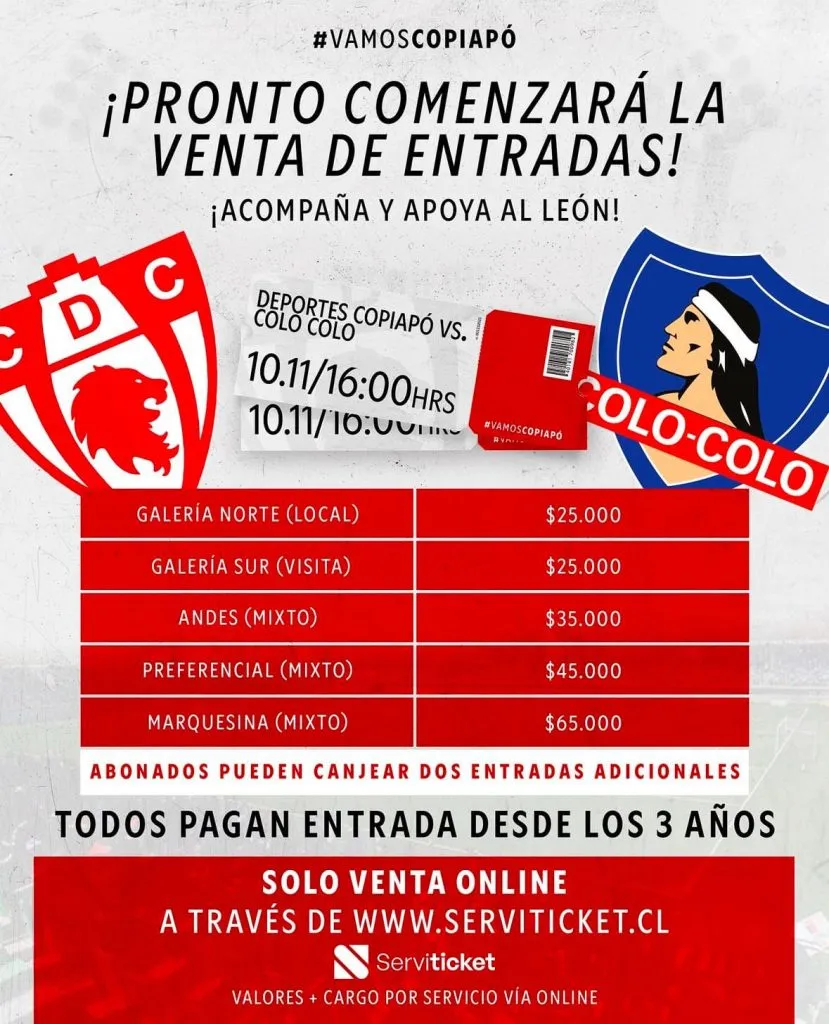 Deportes Copiapó informó los precios de la entradas para el partido contra Colo Colo.