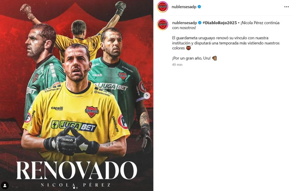 Ñublense anuncia la renovación de Nicolá Pérez. (Foto: Ñublense SADP)