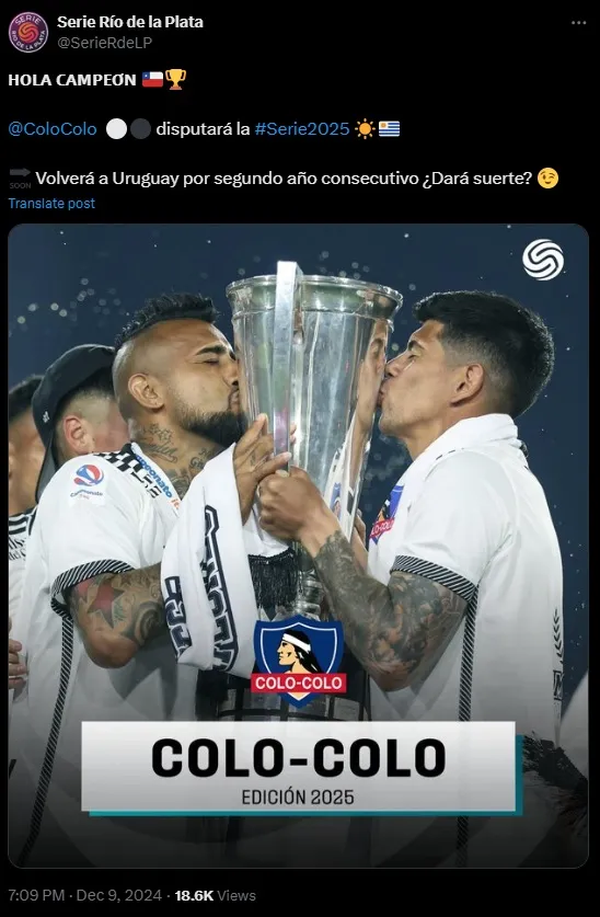 Colo Colo estará en el Torneo Serie Río de La Plata. (Foto: SerieRdeLP, Twitter)