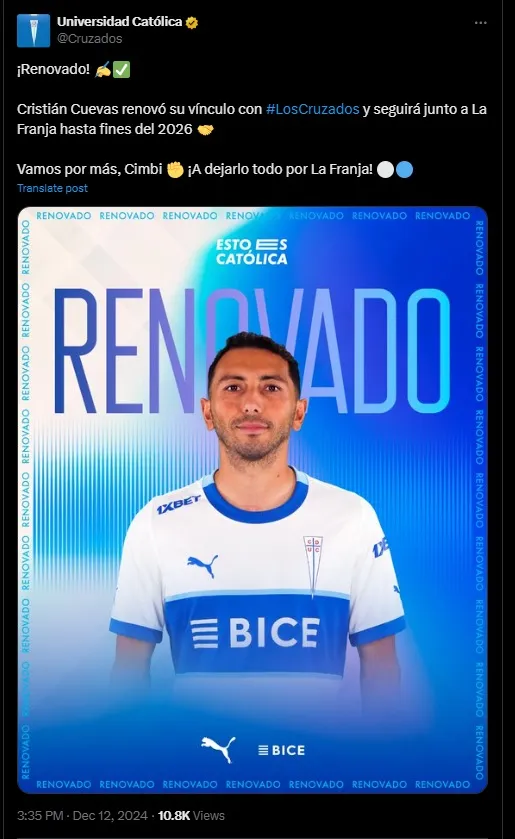 Cristián Cuevas renueva en Universidad Católica. (Foto: Cruzados)