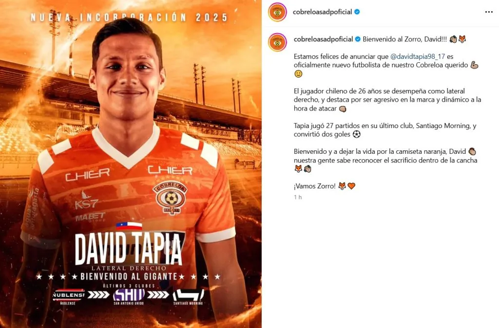 David Tapia es el segundo refuerzo de Cobreloa.