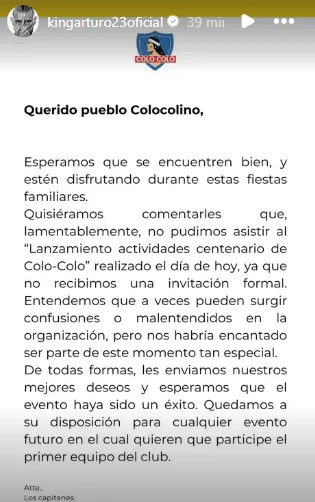 El comunicado de los capitanes de Colo Colo tras no asistir a la ceremonia de actividades del centenario albo
