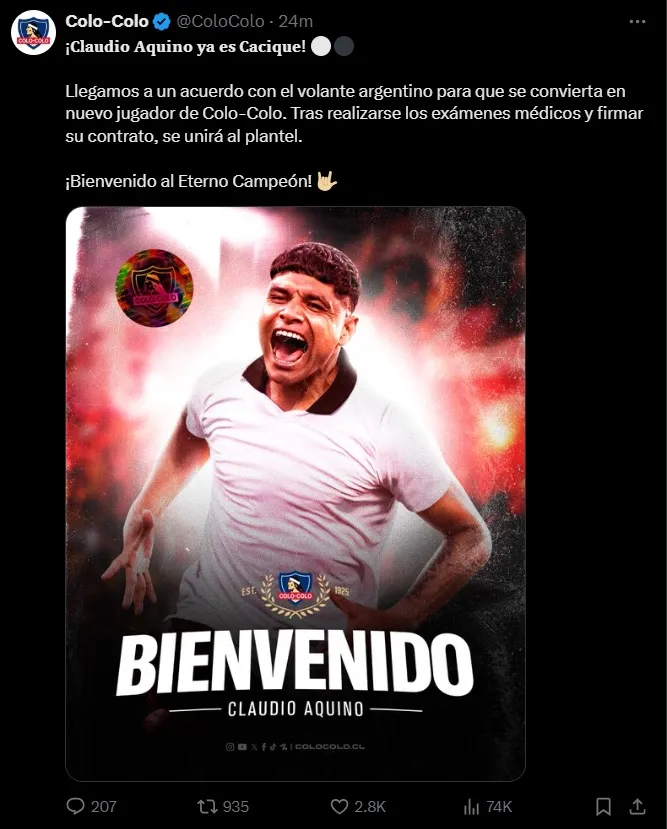 Colo Colo oficializa la incorporación de Claudio Aquino. (Foto: Colo Colo)