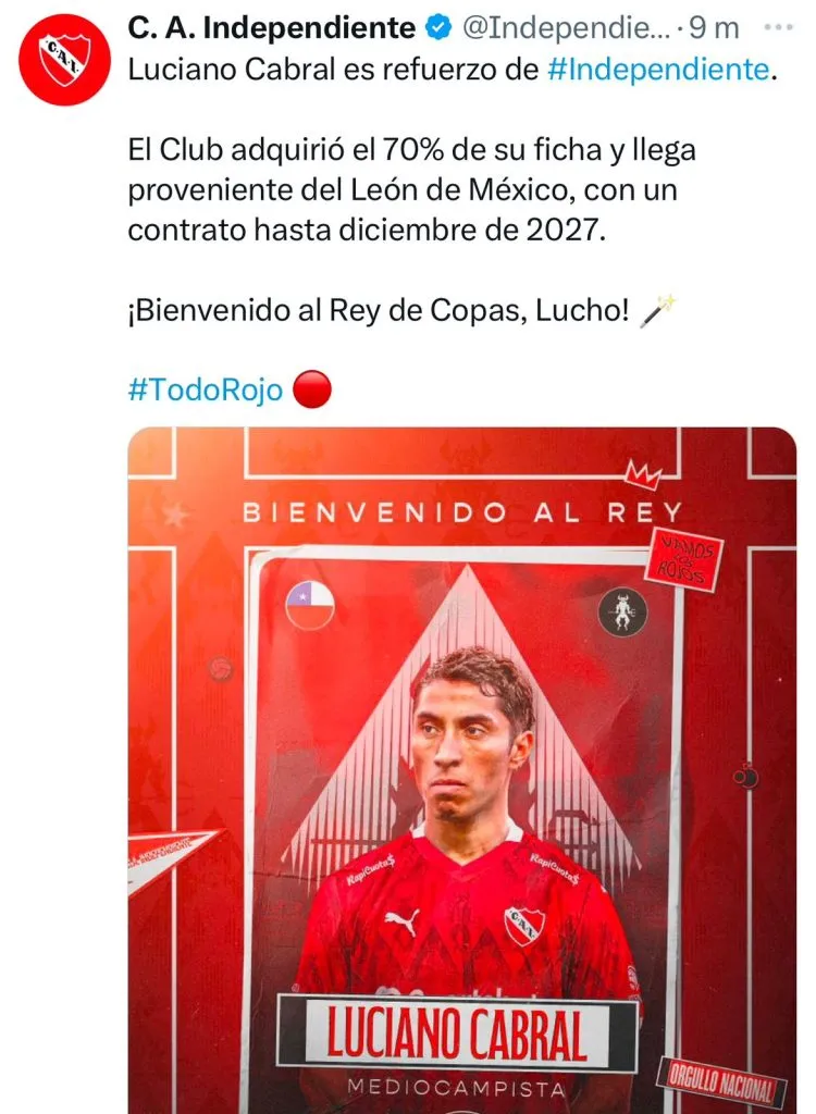 Captura de la publicación de Independiente en X.