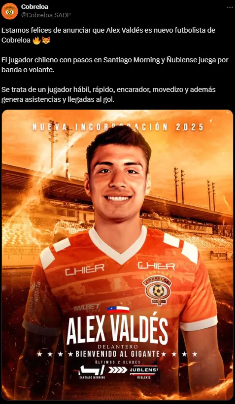 El anuncio oficial de Cobreloa sobre Alex Valdés | FOTO: Captura