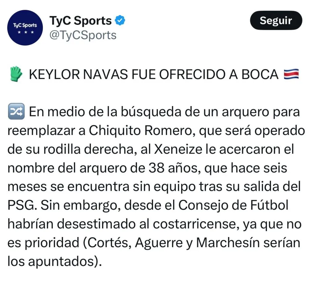 Captura de la publicación de TyC Sports en X.
