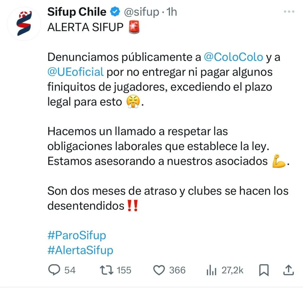 Captura de la publicación del Sifup en X.