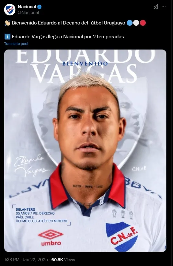 Eduardo Vargas jugará por dos temproadas en Nacional. (Foto: Nacional)