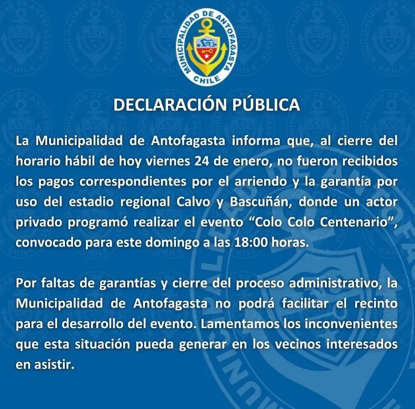 Municipalidad de Antofagasta emite comunicado sobre partido de Colo Colo leyendas vs ex jugadores de Deportes Antofagasta.