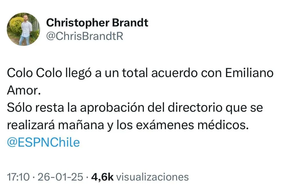 Captura de la publicación de Cristopher Brandt en X (ex Twitter).