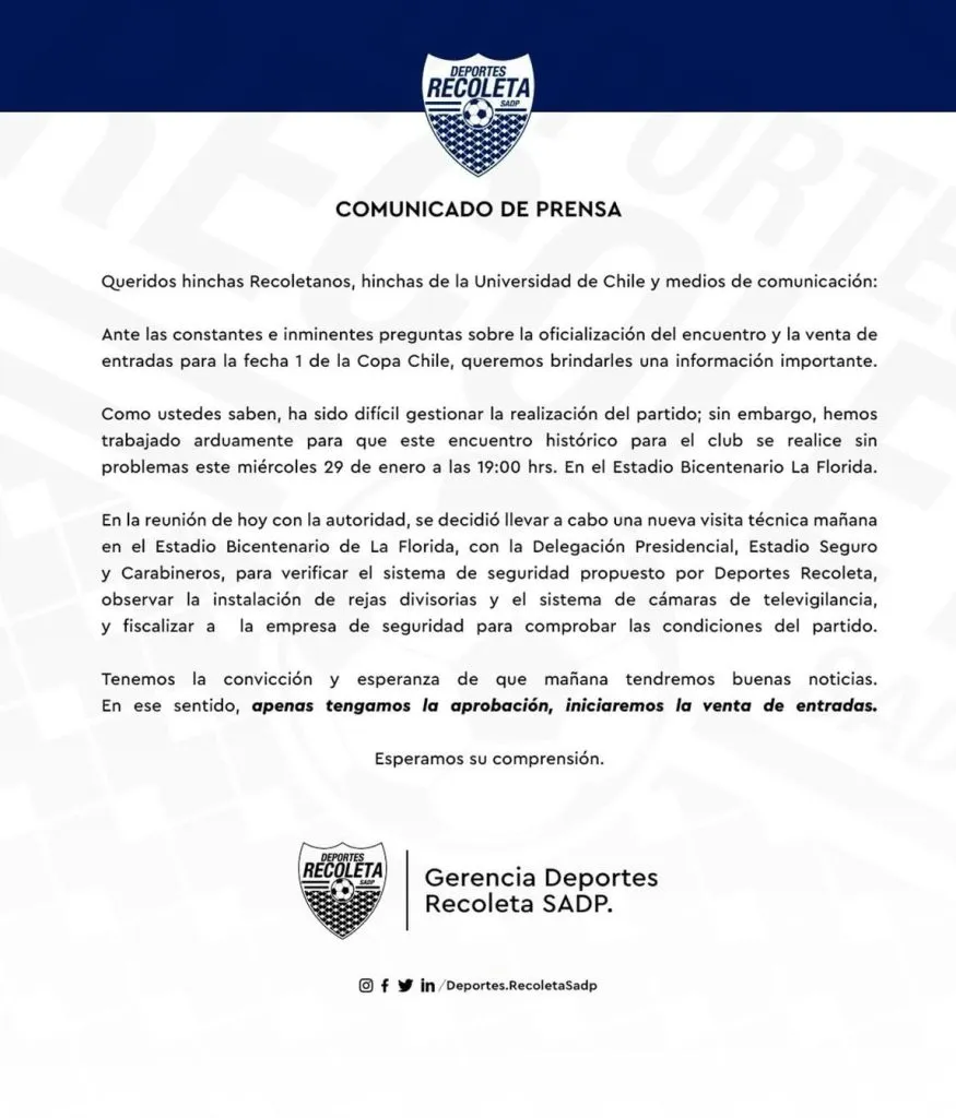 El comunicado de Deportes Recoleta (Captura)