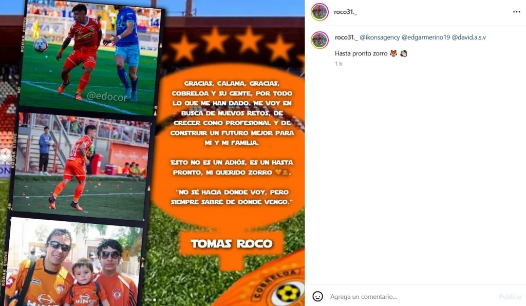 Tomás Roco se despide de Cobreloa. (Foto: roco31_, Instagram)