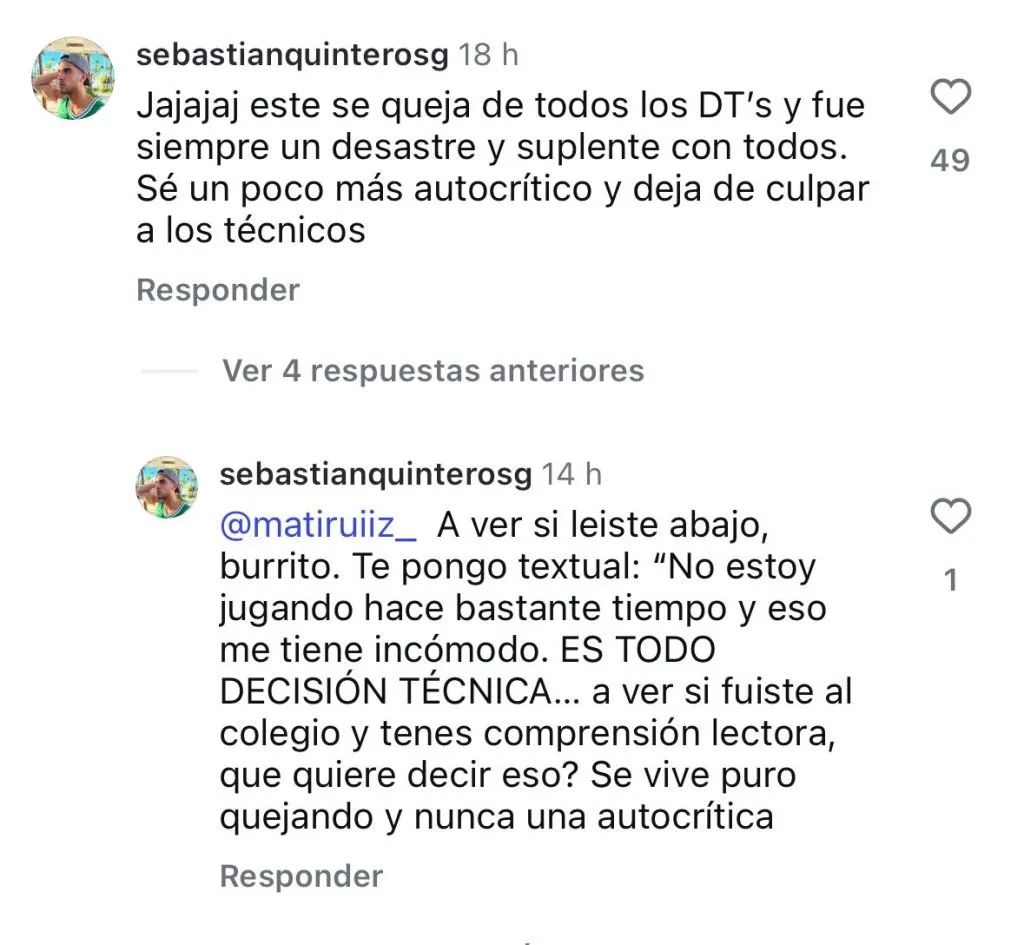 Captura de los comentarios de Sebastián Quinteros contra Matías Moya en Instagram.