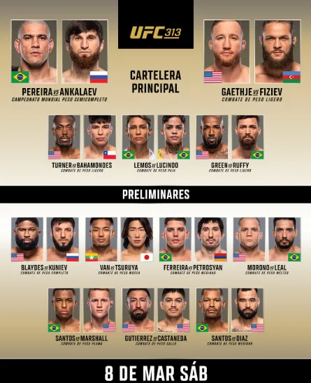 Cartelera coestelar y estelar del evento UFC 313 a realizarse desde este sábado 8 de marzo en Las Vegas (Foto: UFC)