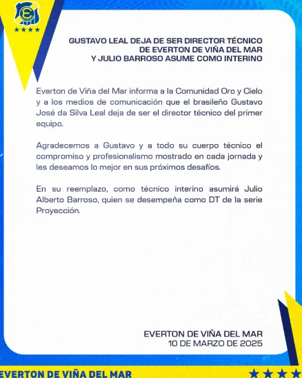 El comunicado de Everton que notifica a Julio Barroso como DT interino.