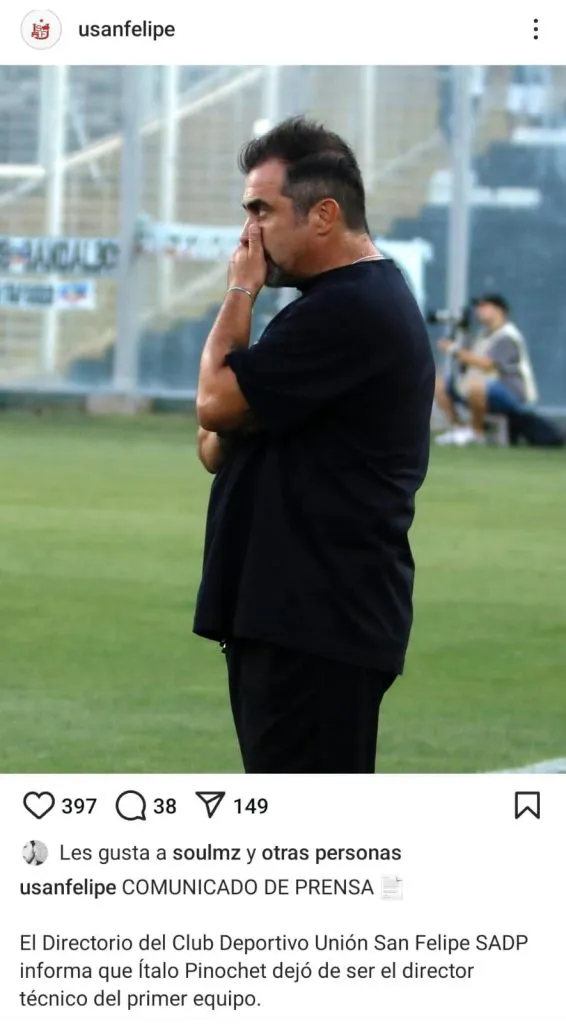 Ítalo Pinochet fue despedido en Unión San Felipe (Instagram).