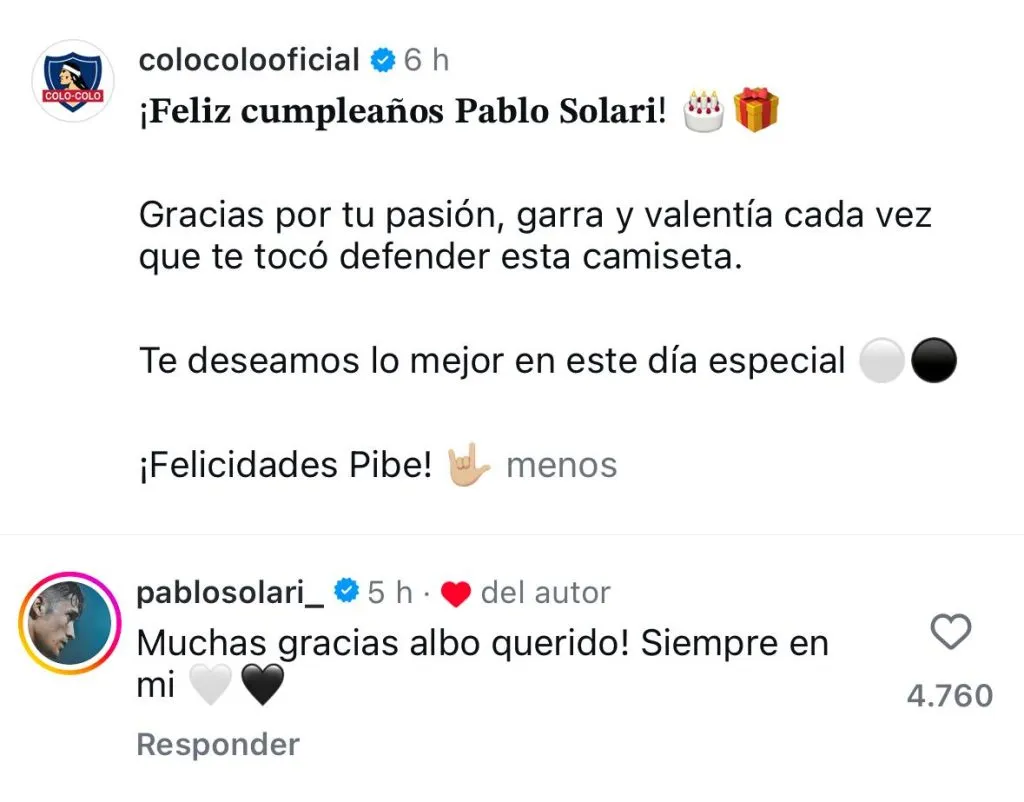 Captura de la publicación de Colo Colo y respuesta de Pablo Solari.
