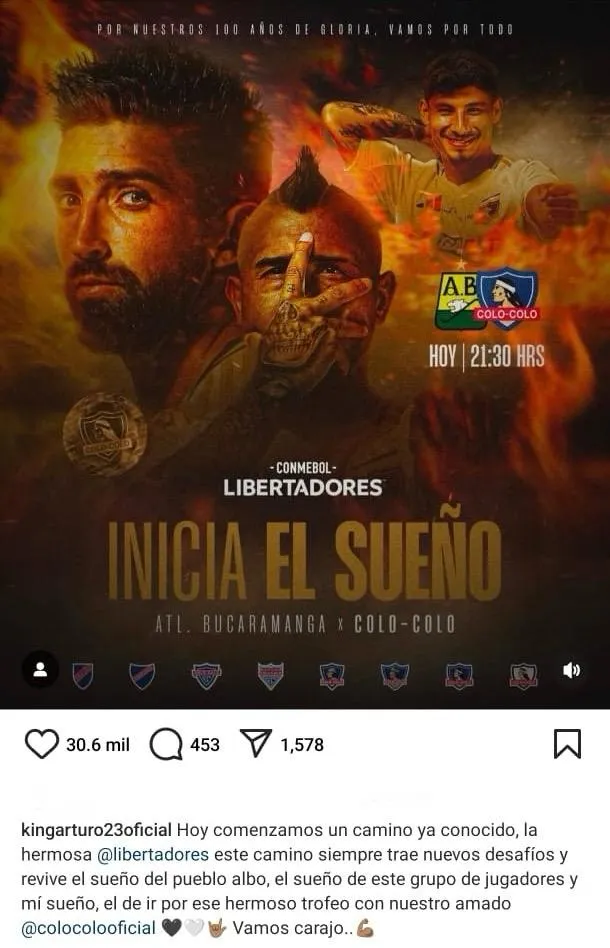 Captura de la publicación de Arturo Vidal en Instagram.