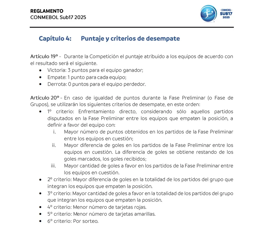 El reglamento del Sudamericano Sub-17 es claro y señala que el primer criterio de desempate ante igualdad de puntos es “enfrentamiento directo”