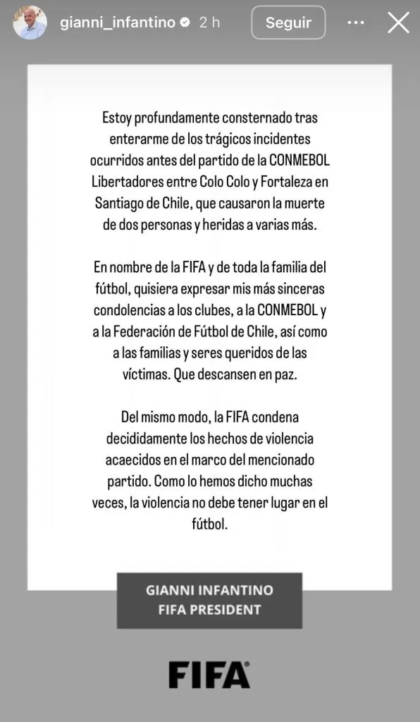 Captura de la historia de Instagram de Gianni Infantino.