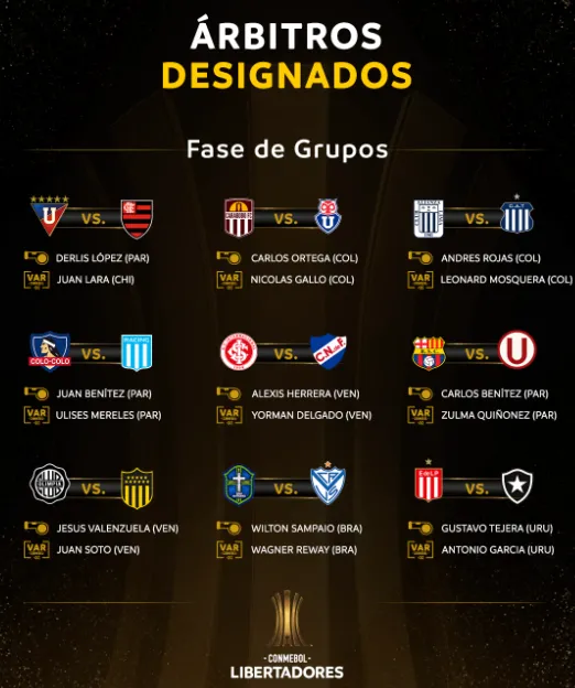 Designación de los árbitros Conmebol para la tercera jornada de la fase de grupos de Copa Libertadores.