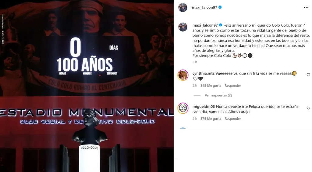 El saludo de Maximiliano Falcón a Colo Colo por el centenario.