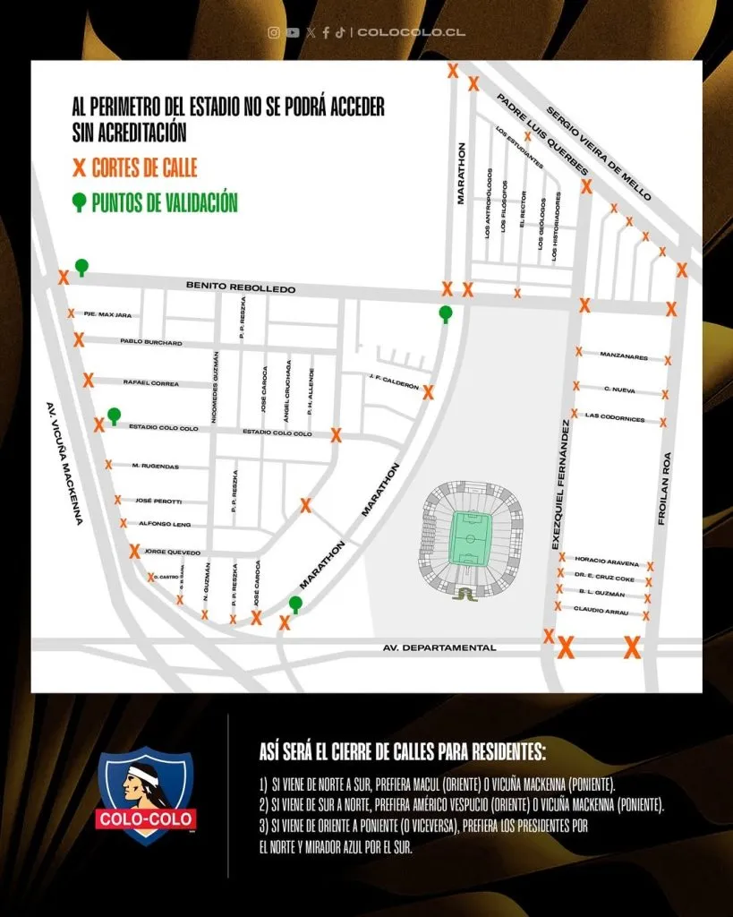 Los cierres de calle para el partido ante Colo Colo ante Racing. (Foto: Colo Colo)