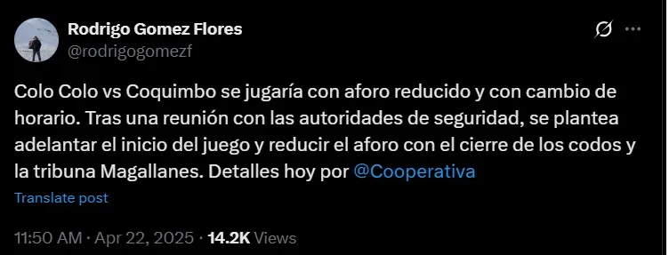 Colo Colo jugaría con reducción de aforo ante Coquimbo Unido, según reporta el periodista Rodrigo Gómez.