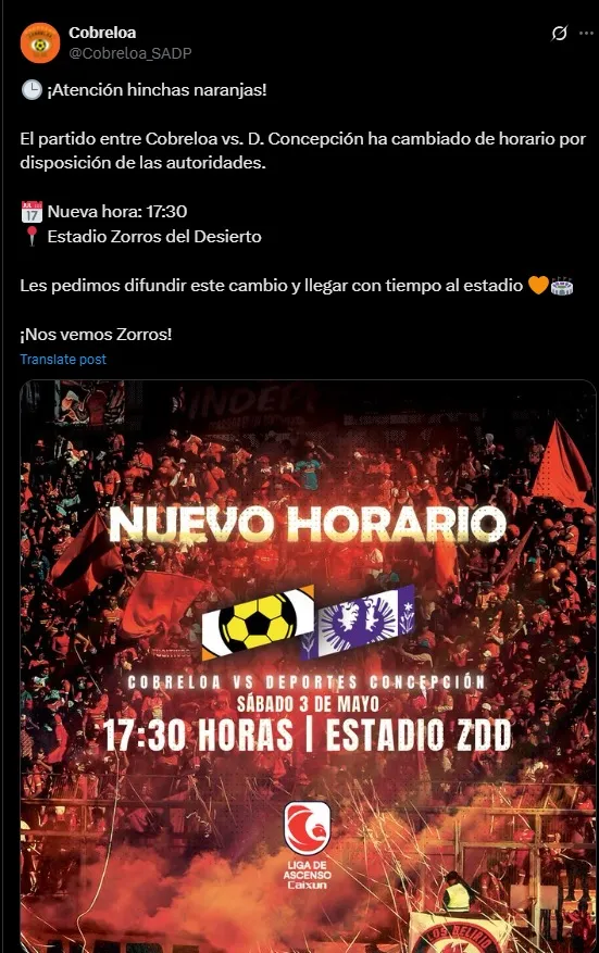 Partido de Cobreloa cambia de horario. (Foto: Cobreloa SADP)