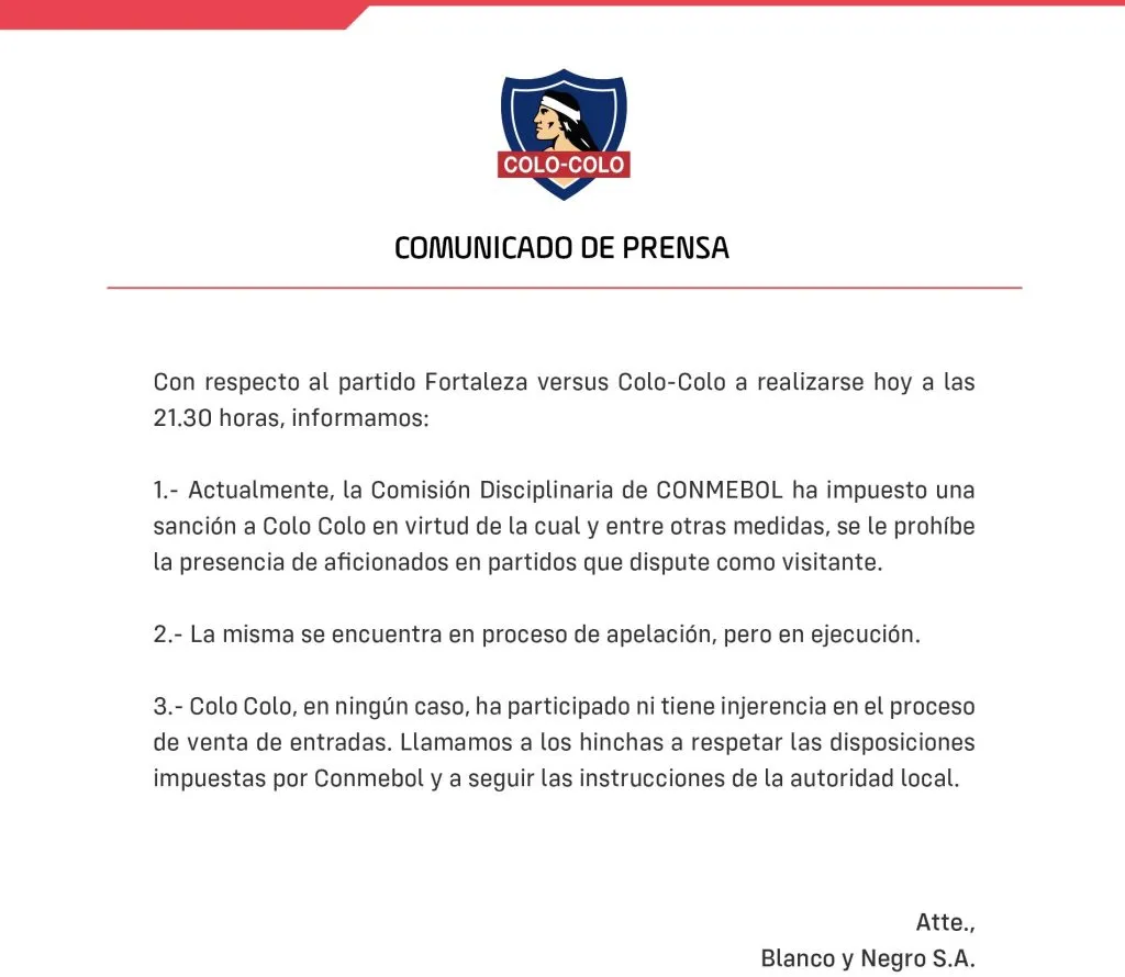 Comunicado de Colo Colo por los hinchas visitantes en Fortaleza.