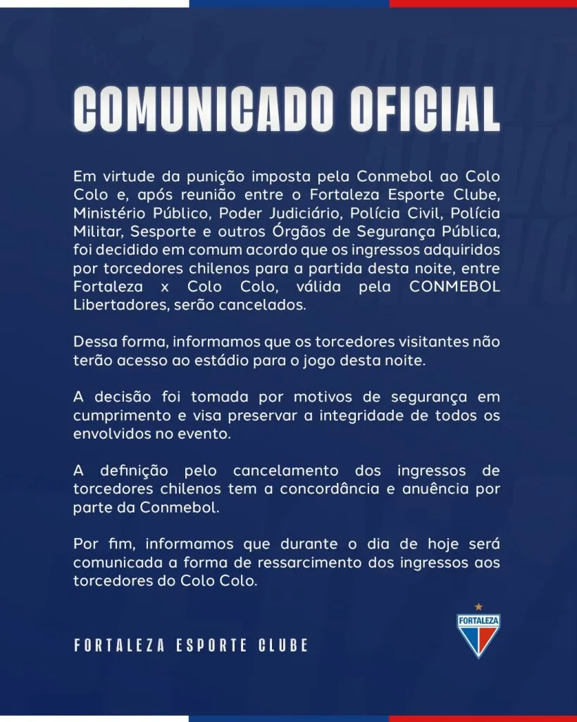 Comunicado de Fortaleza por las entradas de los hinchas de Colo Colo.