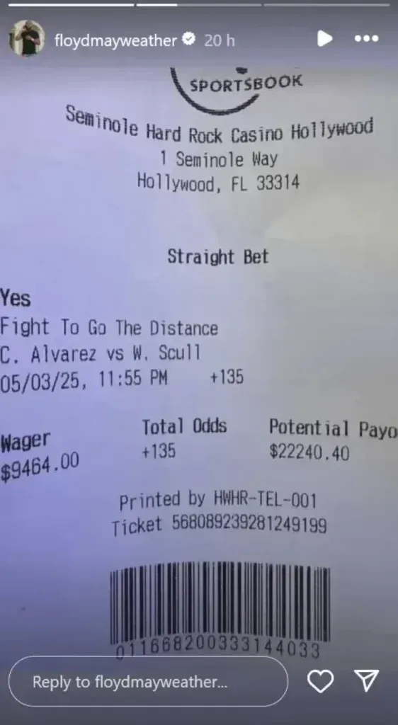 El comprobante de la apuesta de Money Mayweather a favor de Saúl Canelo Álvarez. (Foto: captura)