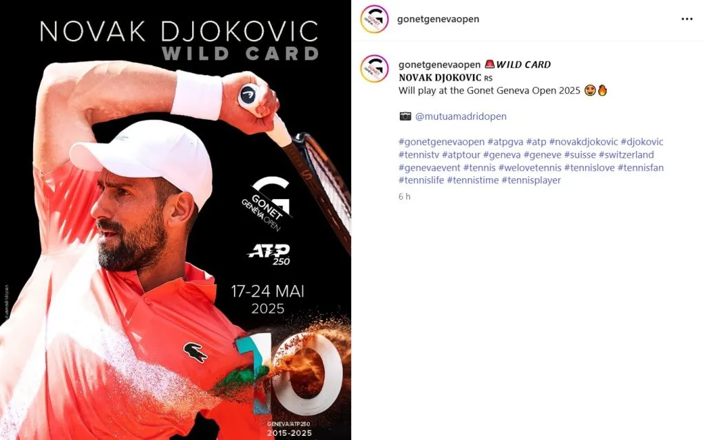 Novak Djokovic recibió un wildcard para jugar el ATP 250 de Ginebra. (Foto: gonetgenevaopen, Instagram)