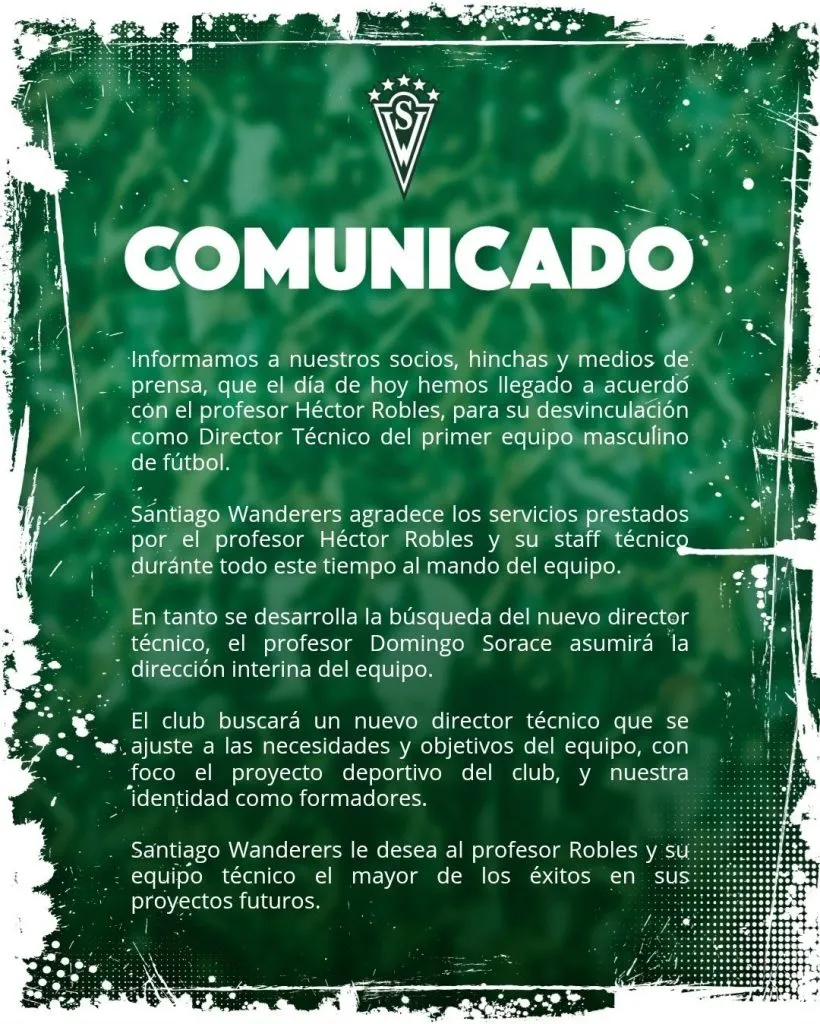 El comunicado de Santiago Wanderers sobre la salida de Héctor Robles. (Foto: Santiago Wanderers)