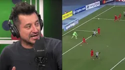 Nicolás Peric sale en defensa del arquero de Universidad de Chile.