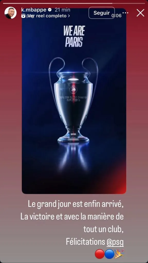 Captura de la historia en Instagram de Kylian Mbappé.