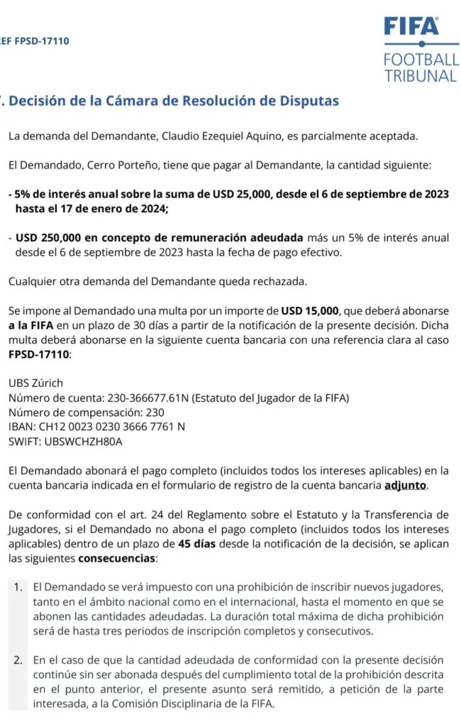 Resolución de la FIFA sobre la demanda de Claudio Aquino a Cerro Porteño.