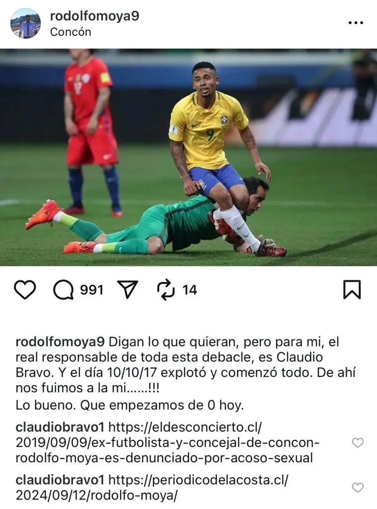 Captura de la publicación de Rdolfo Moya en Instagram y los comentarios de Claudio Bravo.