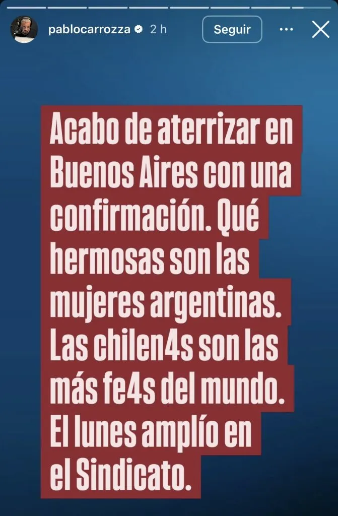 Este fue el cobarde mensaje de Pablo Carrozza en sus redes sociales.
