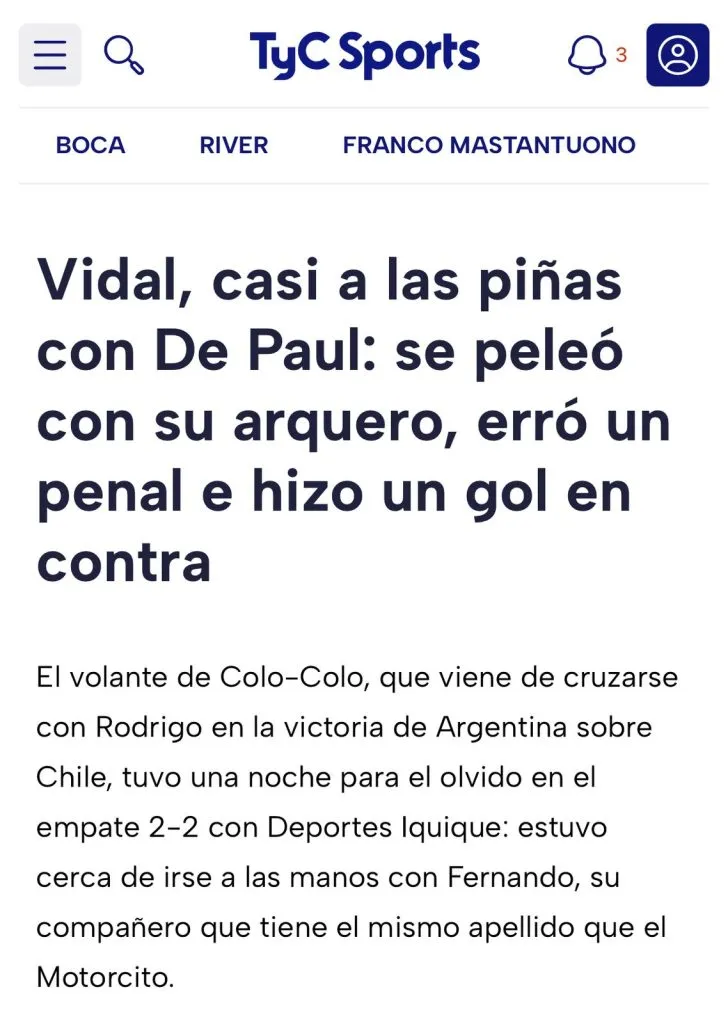 Captura del titular de TyC Sports.