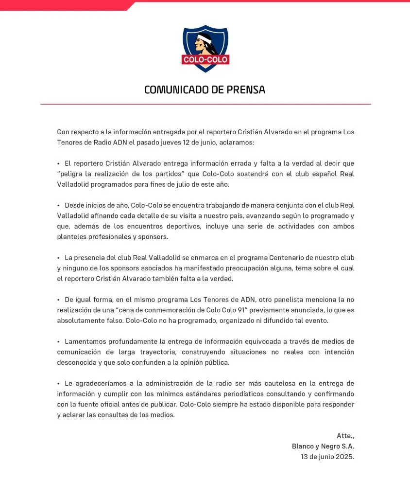 Colo Colo desmiente riesgo de cancelación de los amistosos ante Real Valladolid. (Foto: Colo Colo)