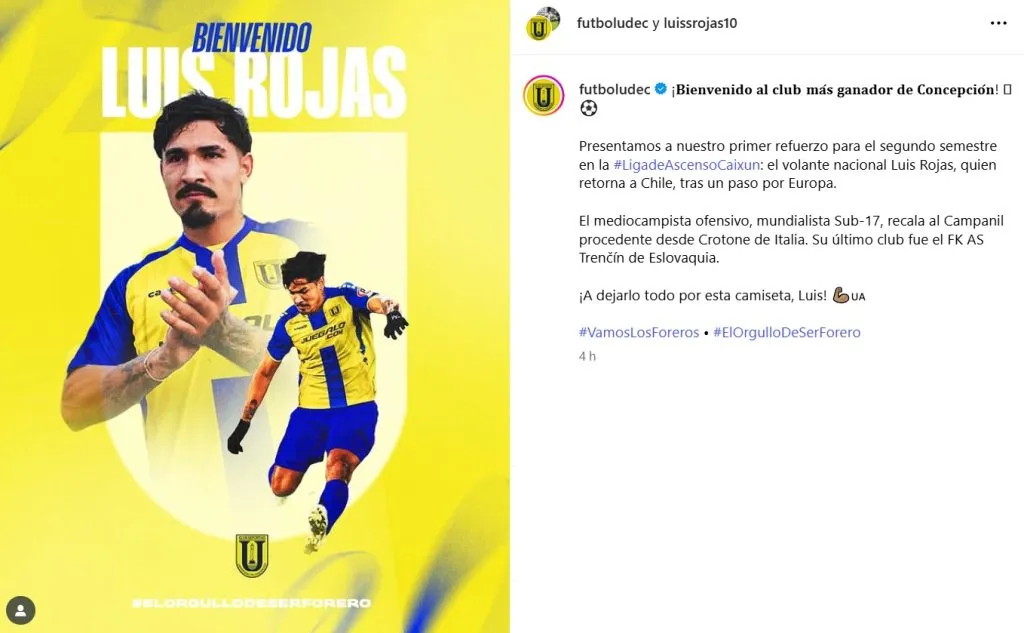 Luis Rojas es nuevo refuerzo de Universidad de Concepción. (Foto: futboludec, Instagram)