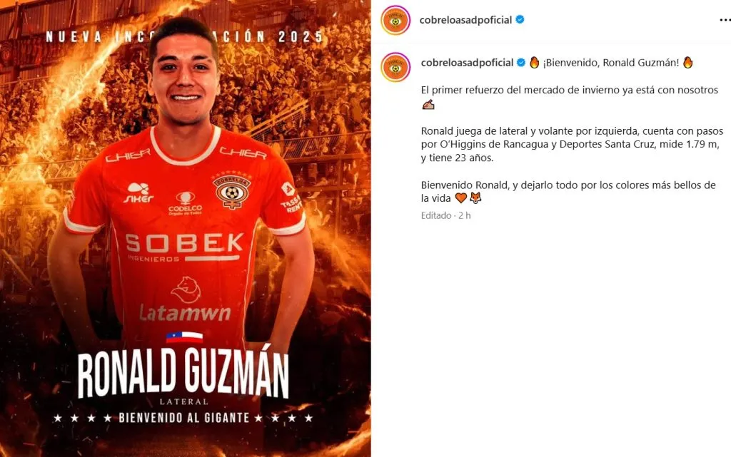 Ronald Guzmán es nuevo refuerzo de Cobreloa. (Foto: Cobreloa SADP)