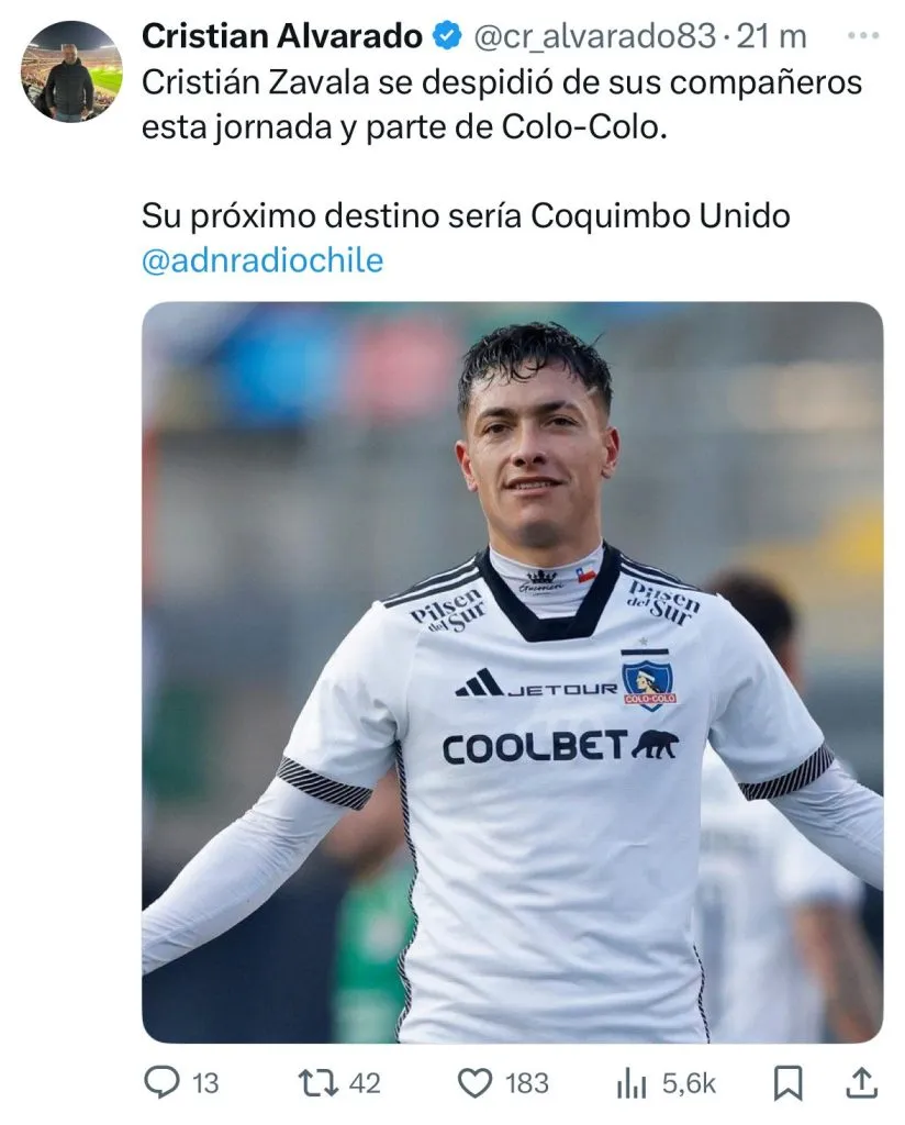 Captura de la publicación de Cristián Alvarado en X.